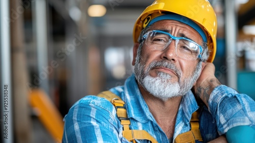 Image of a construction worker wearing a yellow safety helmet and harness in a workplace, conveying a sense of industry and safety protocols followed in the environment.