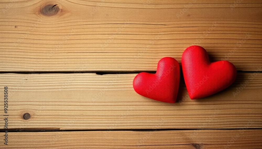 Valentines day background with two red hearts on wooden background, ai Valentines day background with two red hearts on wooden background, ai