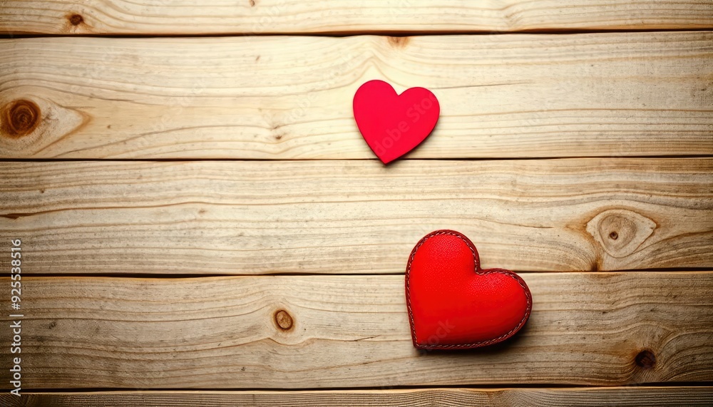 Valentines day background with two red hearts on wooden background, ai Valentines day background with two red hearts on wooden background, ai