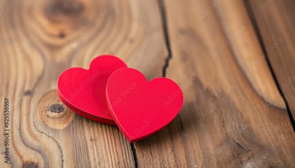 Valentines day background with two red hearts on wooden background, ai Valentines day background with two red hearts on wooden background, ai