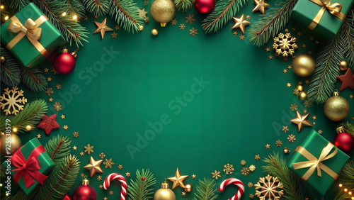 Christmas background with fir branches, balls and gift boxes. Vector illustration.