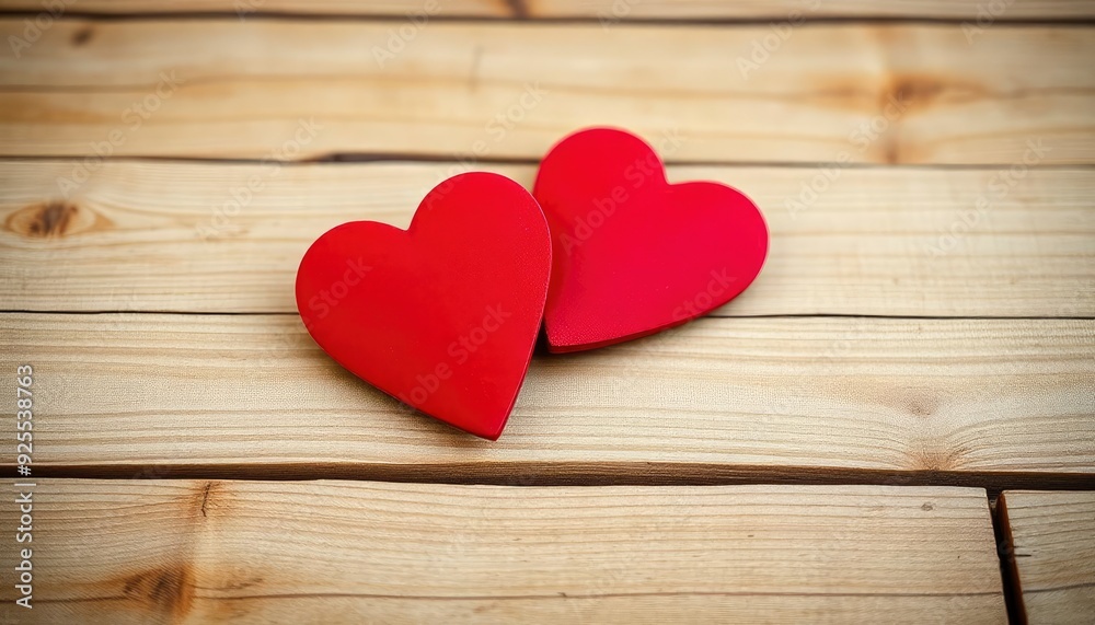 Valentines day background with two red hearts on wooden background, ai Valentines day background with two red hearts on wooden background, ai