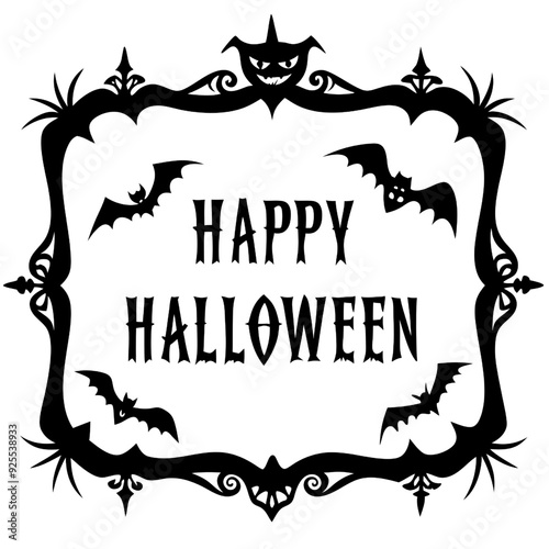 Spooky Halloween Banner: A classic gothic-inspired banner with a chilling message of "Happy Halloween." Bats adorn the ornate frame, adding to the eerie atmosphere.   [Vector PNG JPG SVG]