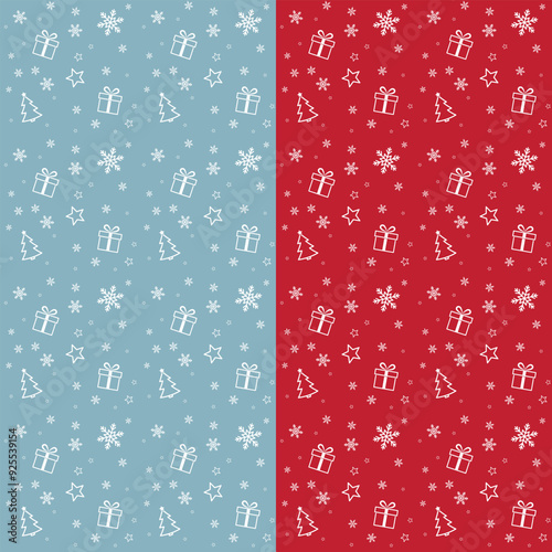 holiday pattern, christmas wrapping paper design, new year decoration, white seamless elements on red and blue backgrounds, vector