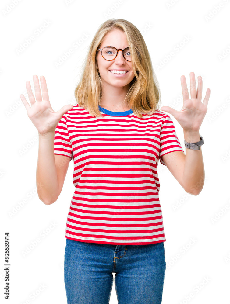 Beautiful young woman wearing glasses over isolated background showing and pointing up with fingers number ten while smiling confident and happy. Beautiful young woman wearing glasses over isolated background showing and pointing up with fingers number ten while smiling confident and happy.
