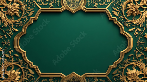 Green background with gold borders for a Ramadan Islamic greeting card, including Ramadan Kareem and space for Eid Ramadan concepts