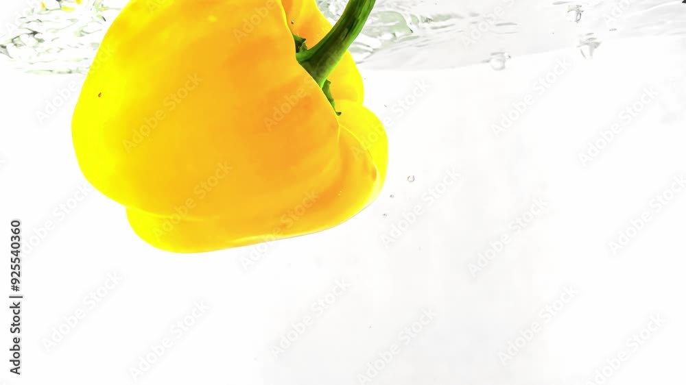 Juicy and ripe yellow bell pepper is falling in water and floating among bubbles on white background in slow motion. Macro footage of vegetable known as paprika washed in aqua. Prepare healthy meal