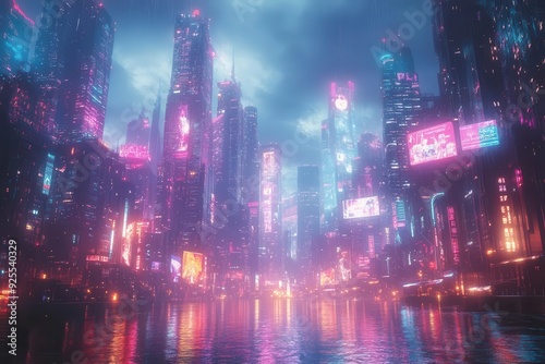 cyberpunk cityscape with neonlit mountains holographic billboards floating above futuristic skyscrapers vibrant purple and teal hues dominate the scene creating a dreamlike atmosphere