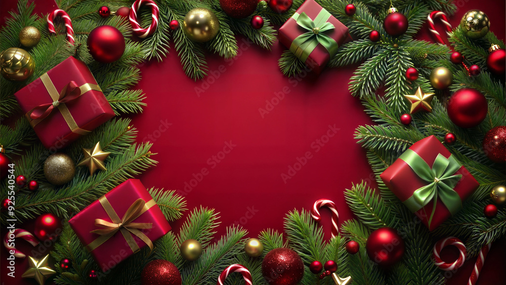 Christmas background with fir tree branches, red and golden baubles, candy canes and gift boxes. Top view.