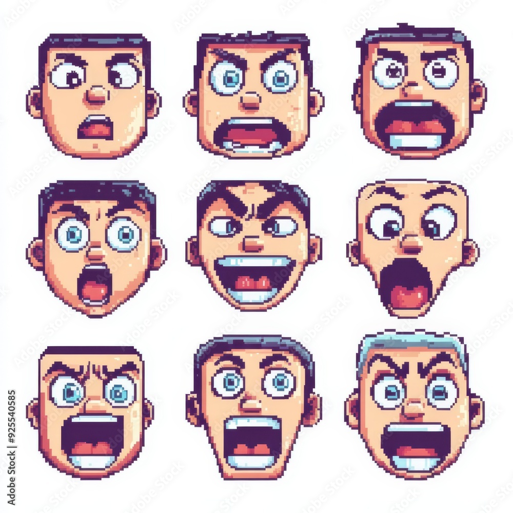 A set of face expressions, pixel art style, retro video game characters, various emotions, colorful, isolated on white background A set of face expressions, pixel art style, retro video game characters, various emotions, colorful, isolated on white background
