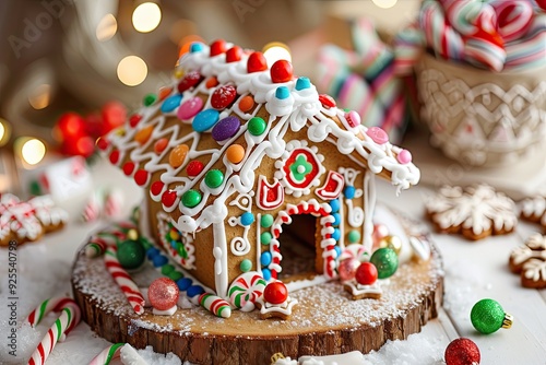 A close up of a gingerbread house decorated with colorful icing and candy, surrounded by snowflake cookies and candy canes photo