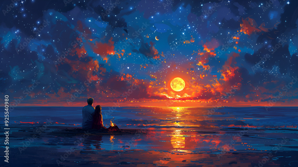 A couple seated on the beach, gazing at the vibrant sunrise over the horizon, creating a serene and romantic atmosphere. A couple seated on the beach, gazing at the vibrant sunrise over the horizon, creating a serene and romantic atmosphere.