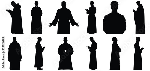 Priest silhouettes set, clergy pack of vector silhouette design, isolated background
