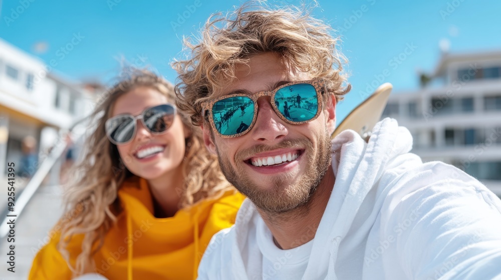 Two individuals dressed in casual clothing, one in a white hoodie and the other in a yellow hoodie, are enjoying a sunny day outdoors, possibly near a beach or park. Two individuals dressed in casual clothing, one in a white hoodie and the other in a yellow hoodie, are enjoying a sunny day outdoors, possibly near a beach or park.