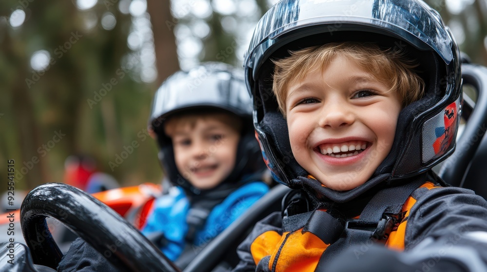 Two children, protected by helmets, happily enjoy driving go-karts outdoors, capturing the thrill, joy, and adventurous spirit of childhood alongside friends in a playful setting. Two children, protected by helmets, happily enjoy driving go-karts outdoors, capturing the thrill, joy, and adventurous spirit of childhood alongside friends in a playful setting.