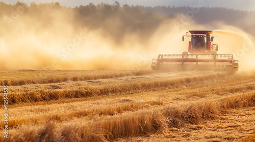 Harvester on work with straw dust in air