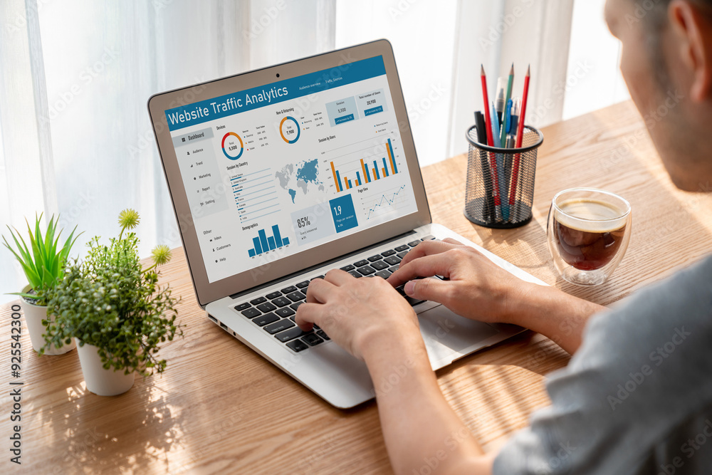 Fototapeta premium Computer software for website traffic analytics data on computer screen. Concept of SEO search engine optimization and customer targeting for online business snugly