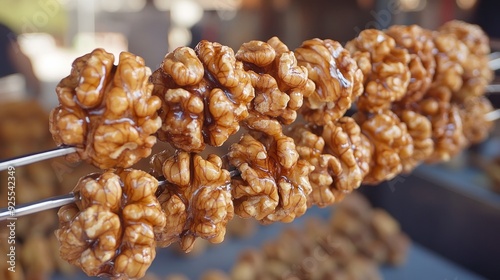 A string of walnuts dipped in grape molasses starch.Sujuk made of walnuts.'Cevizli sucuk' is the name in Turkish.Different types of walnut sujuk photo