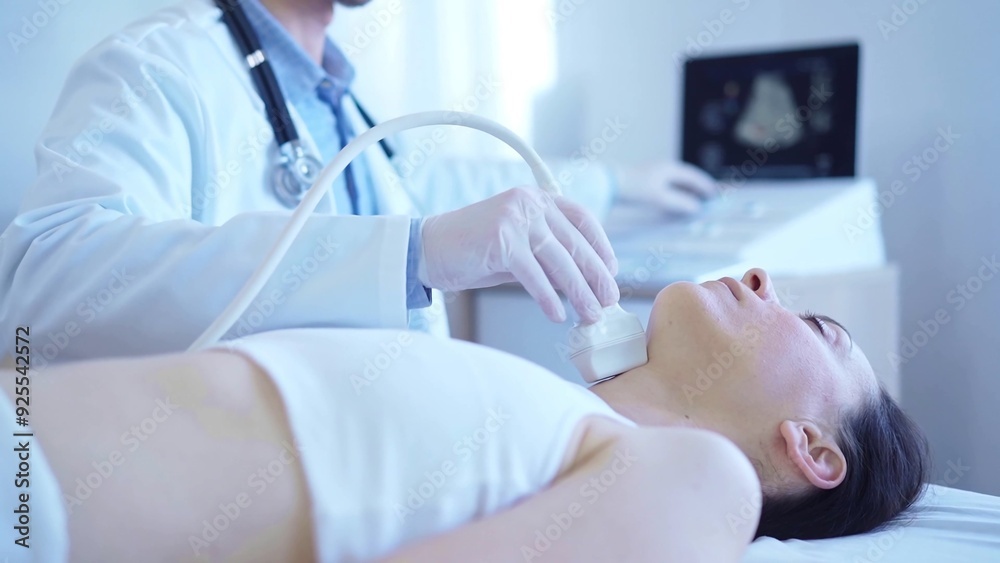 Doctor man with white medical gloves is using ultrasound machine to examine neck of female patient lying down in clinic. Medicine concept Doctor man with white medical gloves is using ultrasound machine to examine neck of female patient lying down in clinic. Medicine concept