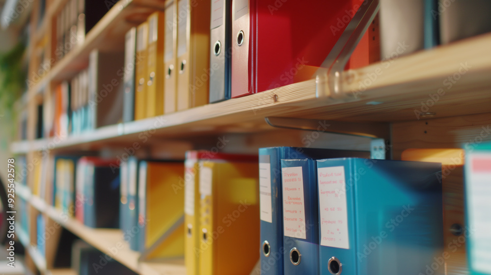 A close-up of shelves with binders and documents in an office. A close-up of shelves with binders and documents in an office.