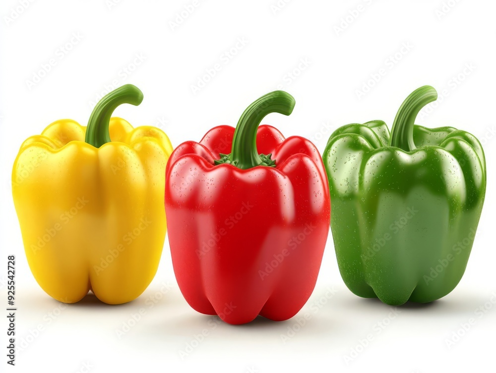 A set of 3D bell peppers, red, yellow, green, highly detailed with glossy surfaces, realistic style, isolated on white background A set of 3D bell peppers, red, yellow, green, highly detailed with glossy surfaces, realistic style, isolated on white background