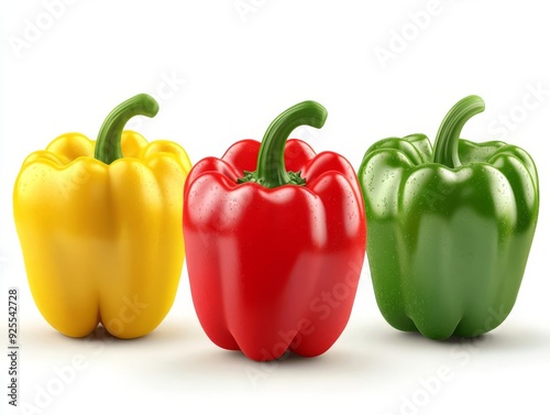 A set of 3D bell peppers, red, yellow, green, highly detailed with glossy surfaces, realistic style, isolated on white background