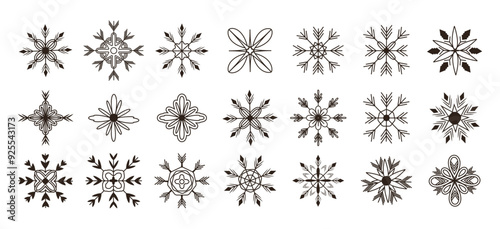 Set and collection snowflakes in line art style.  Sparks and glows. Shapes and elements. Ornament and pattern. Template for design. Isolated. Glitter. New Year. Holiday. Stroke. Vector illustration.