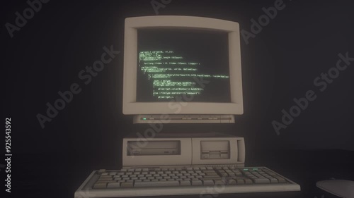 Retro personal computer or PC with source code running on screen, display. Old computer studio close-up photo