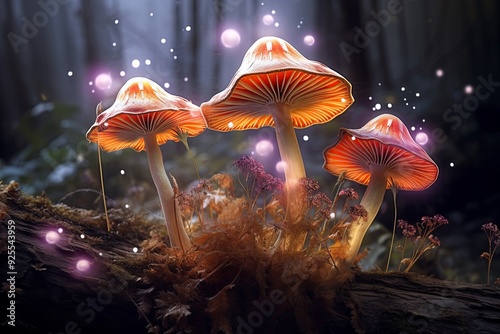 Glowing mushrooms growing in magical forest. Purple and magenta mushrooms