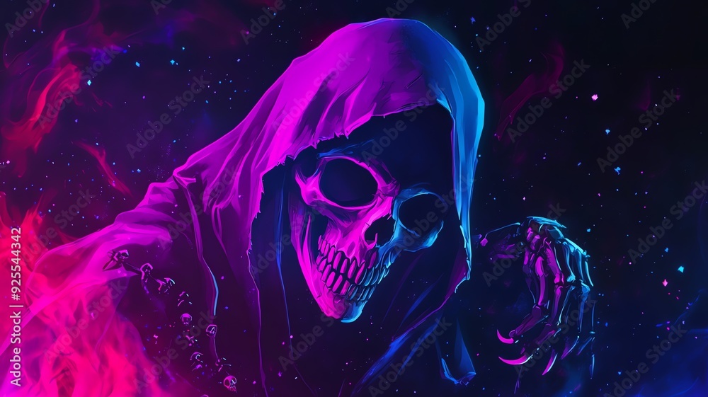 A vector illustration of a scary, creepy, Halloween themed skeleton wearing a cloak with neon purple bokeh background, copy space for text A vector illustration of a scary, creepy, Halloween themed skeleton wearing a cloak with neon purple bokeh background, copy space for text