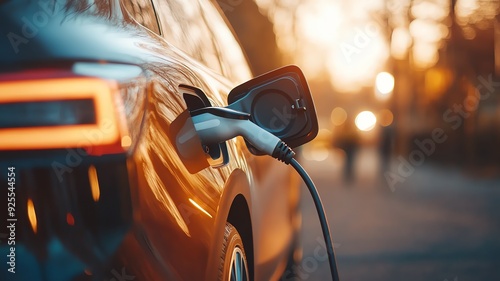 A close up illustration of an electric vehicle (EV) being charged at a charging point, environmental concept
