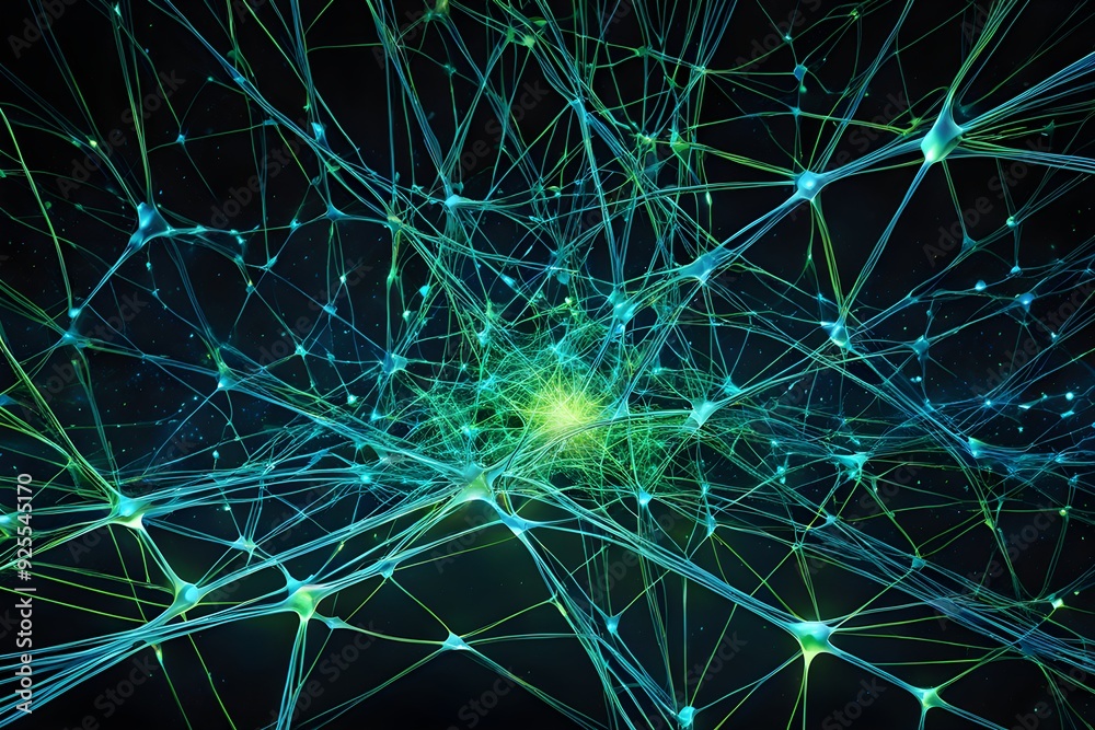 A computer generated image of a brain with green and blue lines A computer generated image of a brain with green and blue lines