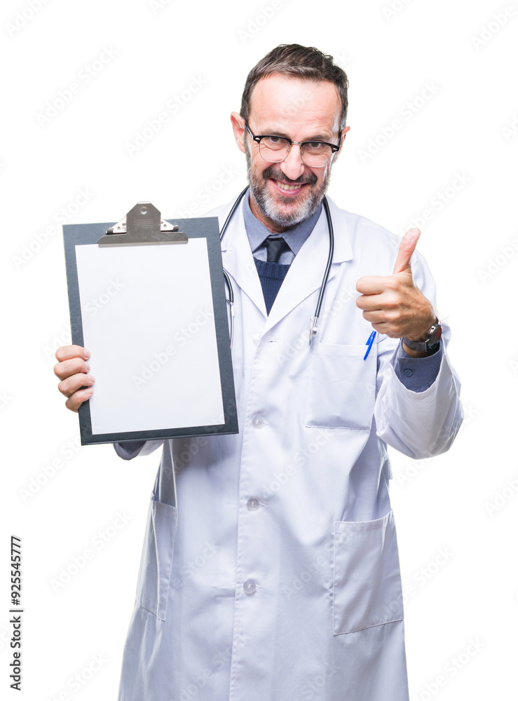 Middle age senior hoary doctor man holding clipboard isolated background happy with big smile doing ok sign, thumb up with fingers, excellent sign Middle age senior hoary doctor man holding clipboard isolated background happy with big smile doing ok sign, thumb up with fingers, excellent sign
