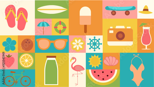 Summer vacation: collection of colorful vacation icons. Geometric bauhaus pattern.