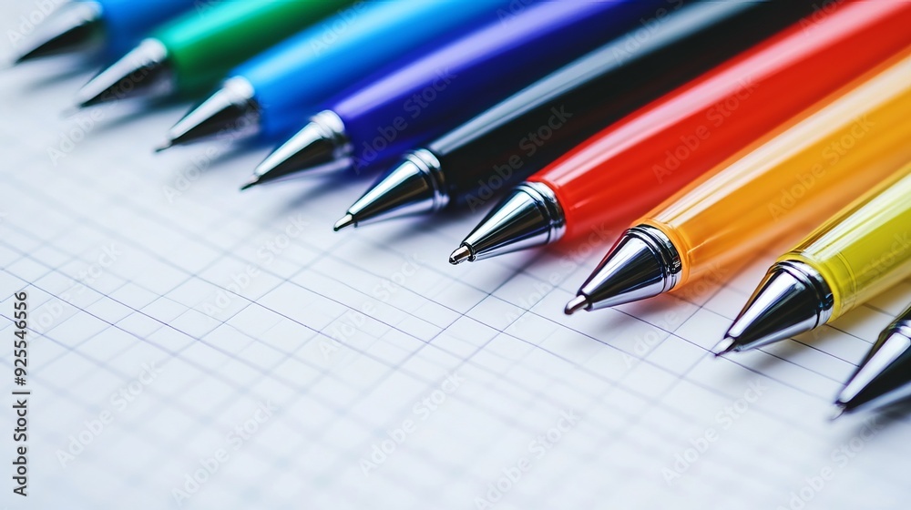A collection of ballpoint pens in various colors laid out on a notepad page. The image highlights different ink pens for writing, representing an office stationery concept. A collection of ballpoint pens in various colors laid out on a notepad page. The image highlights different ink pens for writing, representing an office stationery concept.