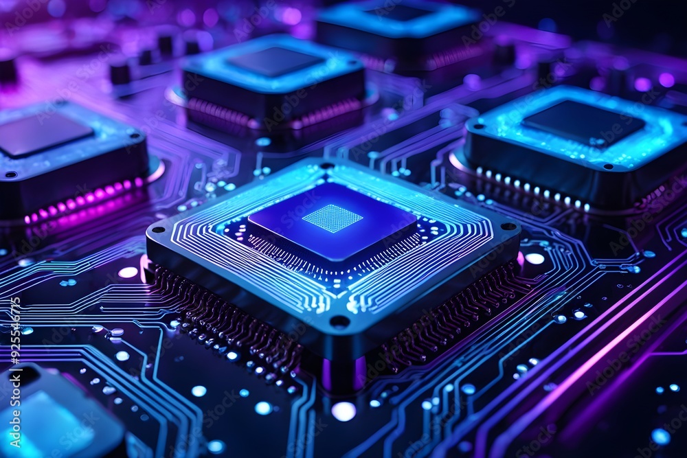 A computer chip is shown in a purple and blue color scheme