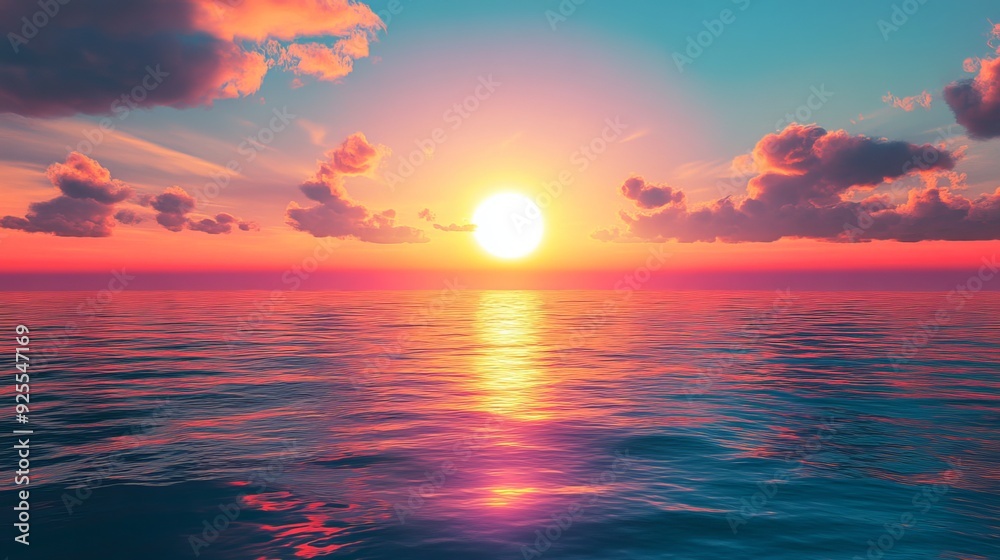 Fototapeta premium A sunset over the sea, with the sun's reflection shimmering on the water.