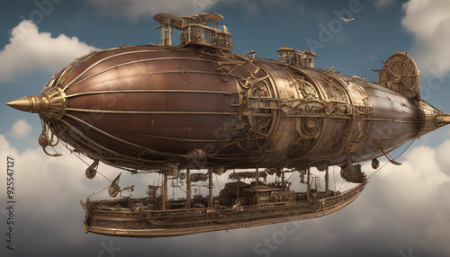 A 3D-rendered steampunk airship, complete with propellers, gears, and steam vents