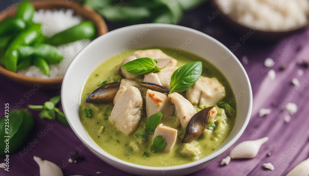 A bowl of vibrant Thai green curry, brimming with tender chicken, eggplant, and fresh basil leaves A bowl of vibrant Thai green curry, brimming with tender chicken, eggplant, and fresh basil leaves