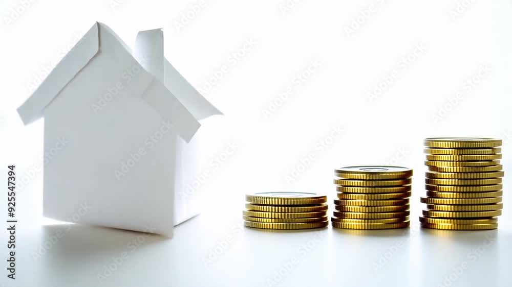 Paper House and Stacked Coins Representing Home Savings Concept Generative AI Paper House and Stacked Coins Representing Home Savings Concept Generative AI