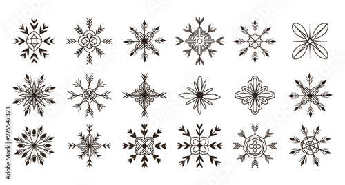 Set and collection trendy modern snowflakes in line art style. One Line. Sparks and glows. Ornament. Template. Twinkle shapes and elements. Glitter. New Year. Holiday. Stroke. Flat style. Xmas. y2k