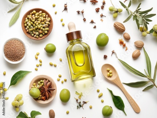 Flat lay  bottle of organic edible evening primrose oil placed at the center of a clean and minimalist white table. photo