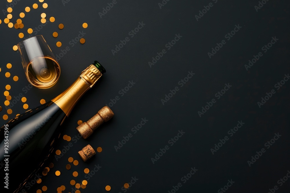 Gold Confetti And Champagne On A Black Background, Perfect For A Glamorous Celebration
