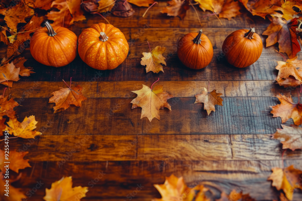 Autumn leaves and a pumpkin on a wooden background, capturing the essence of fall with warm, earthy tones Autumn leaves and a pumpkin on a wooden background, capturing the essence of fall with warm, earthy tones
