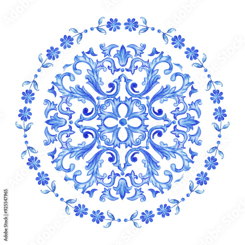 Blue Round pattern Baroque style. Handmade Ceramic from watercolor. Traditional tribal ornament. Round plate. Capri Maiolica