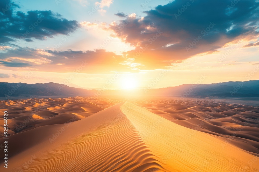 Golden light cascades over vast sand dunes as the sun sets, painting the sky with warm hues and highlighting the tranquility of the desert Golden light cascades over vast sand dunes as the sun sets, painting the sky with warm hues and highlighting the tranquility of the desert