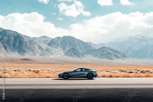 A powerful sports car speeds down a desert road, showcasing its design against dramatic mountain ranges and a brilliant sky