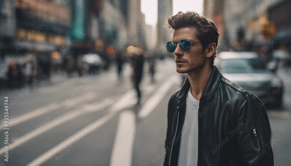 A man in mirrored sunglasses, standing confidently in the middle of a busy city street A man in mirrored sunglasses, standing confidently in the middle of a busy city street