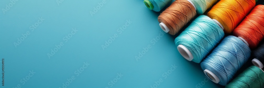 Colorful spools of sewing thread arranged neatly on a blue surface in bright natural light. Place for text Colorful spools of sewing thread arranged neatly on a blue surface in bright natural light. Place for text