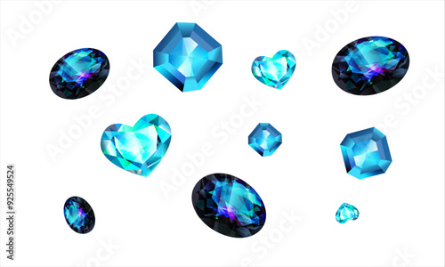 precious stones blue, light blue, on a white background, different polishing